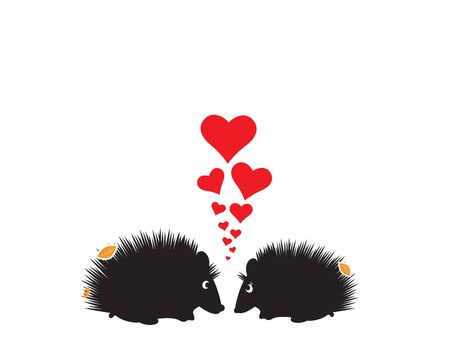 Two hedgehogs silhouettes in love, vector. Funny illustration, vector, cartoon, children wall decals, kids wall artwork isolated on white background, minimalist poster designのイラスト素材