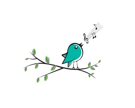 Singing bird silhouette on branch, vector. Colorful fun bird illustration. Cartoon.  Wall decals, wall artwork.  Poster design  isolated on white background. Spring seasonのイラスト素材