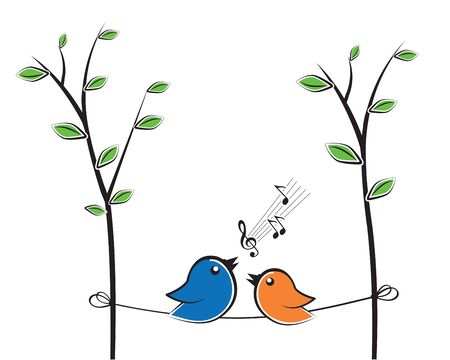 Singing birds silhouettes on branch, vector. Colorful fun bird illustration. Cartoon.  Wall decals, wall artwork.  Poster design isolated on white background. Spring seasonのイラスト素材