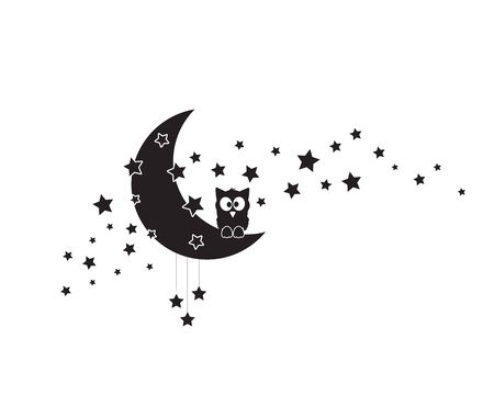 Owl silhouette on moon, vector. Moon with stars, illustration. Wall art design, wall artwork, wall decals isolated on white background. Wall decorationのイラスト素材