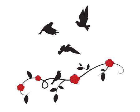 Flying Birds On Branch Vector, birds silhouettes, Wall Decals, Birds Silhouette, Birds on branch with flowers, Art Design, Wall Art. Isolated on white backgroundのイラスト素材