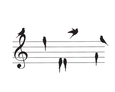 Violin key and birds silhouettes on notes, vector. Scandinavian, minimalist art design. Wall decals isolated on white background, wall art, artwork, poster designのイラスト素材