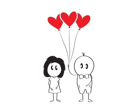Boy and a girl cartoon character, boy is holding balloons in shape of a heart, vector. Funny, cute cartoon illustration. Valentine greeting card design, romantic, love art design, minimalist artworkのイラスト素材