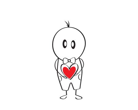 Boy cartoon character holding a red heart, vector. Funny, cute cartoon illustration. Valentine greeting card design, romantic, love art design, minimalist artworkのイラスト素材