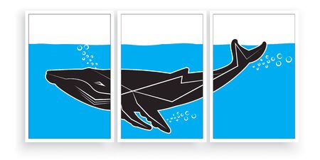 Whale silhouette under the sea, vector. Minimalist art design. Three pieces poster design. Scandinavian minimalist artwork.のイラスト素材