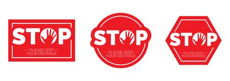Stop keep social distance, vector. Stop red icon. Sign Stop, keep distance. Hand illustration with stop symbolのイラスト素材