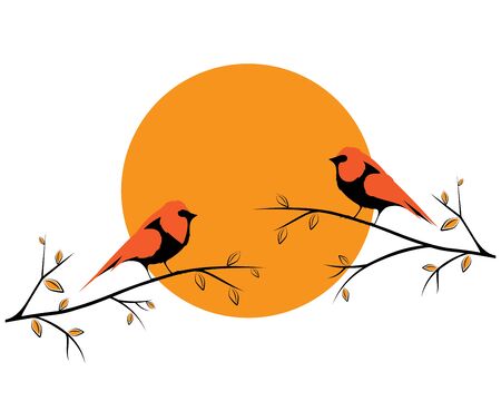 Bird on Branch on sunset, Vector. Scandinavian minimalist art design. Poster design, wall art, artwork. Robin Bird Silhouette. Nature Art Design, Wall Decor isolated on white background. Wall art workのイラスト素材