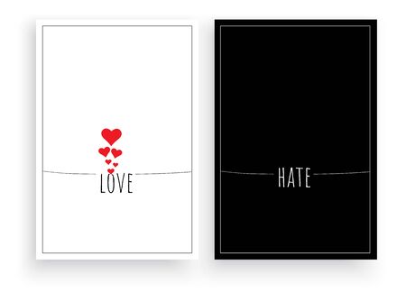 Love hate, vector. Scandinavian minimalist art design. Two pieces poster design. Contrast art design, black and white, love and hate. Motivational, inspirational life quotes. Wall art, artwork.のイラスト素材