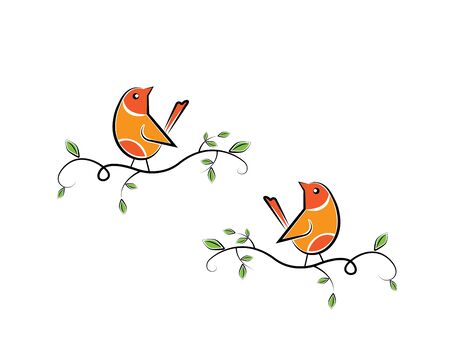 Two birds silhouettes on branch, vector. Colorful birds illustration isolated on white background. Cartoon art design. Wall decals, artwork. Childish wall art designのイラスト素材