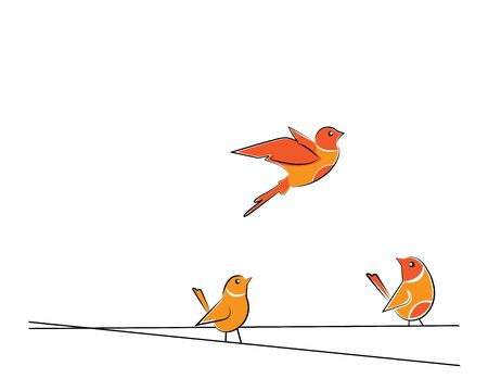 Birds silhouettes on wire, vector. Colorful birds illustration isolated on white background. Cartoon art design. Wall decals, artwork. Childish wall art designのイラスト素材