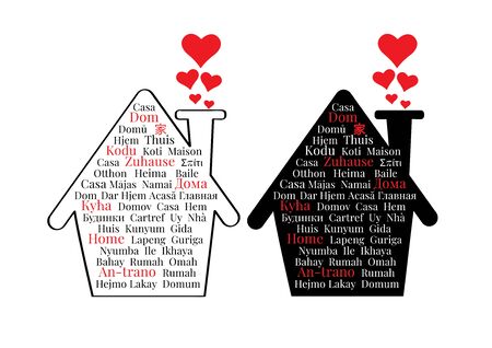 House of love, vector. House illustration and hearts silhouettes, art design. Wall decals, artwork. Wording design, house in different languagesのイラスト素材
