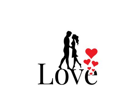 Couple Silhouettes and love wording, Vector. Man and woman silhouettes in relationship isolated on white background. Minimalist Scandinavian poster design. Wall Decals, Art Decor, Wedding card designのイラスト素材
