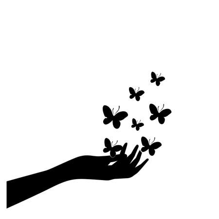 Hand and flying butterflies silhouettes isolated on white background, vector. Freedom concept. Artwork, wall art design, wall decals. Minimalist black and white art designのイラスト素材