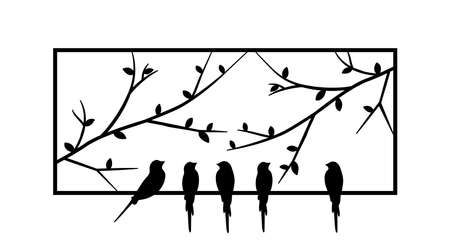 Birds standing on frame of a window, vector. Birds silhouettes on wire isolated on white background. Black and white wall decals, art design, wall artwork. Minimalist art decorのイラスト素材