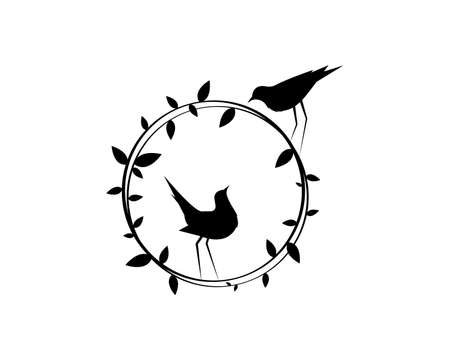 Birds Couple Silhouette on Branch Vector, Birds in love Silhouette, Wall Decals, Couple of Birds in Love, Art Decoration, Wall Decor, Birds Silhouette on branch isolated on white background, romanticのイラスト素材