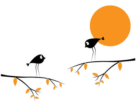 Birds couple silhouette on branch on sunset, vector. Birds in love, cartoon illustration. Wall decals, art decoration, wall artwork. Cute birds on branch isolated on white background, romanticのイラスト素材