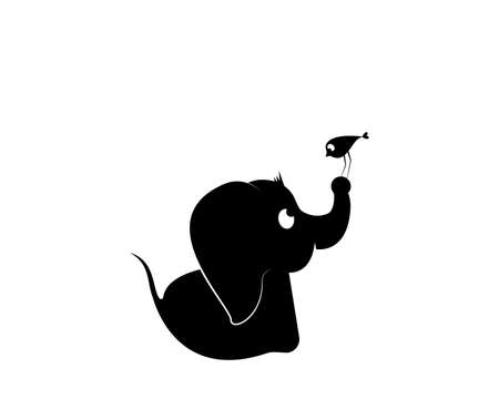 Cute baby elephant silhouette with a bird on his trunk illustration, vector. Cartoon character. Childish wall art, wall decals, artwork, poster design. Elephant silhouette isolated on white backgroundのイラスト素材