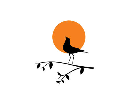 Bird silhouette on branch on sunset, vector. Bird silhouette on branch isolated on white background, illustration. Wall Decals, Wall Art Decoration. Wall artworkのイラスト素材
