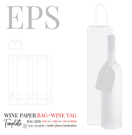 Liquor Box Template and wine tag, Vector with die cut, laser cut layers. Wine Bottle Box with Handle. White, clear, blank Liquor Box mock up isolated on white background with Perspective viewのイラスト素材