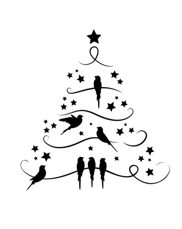 Christmas tree from branches and birds, vector. Wall decals isolated on white background. Birds silhouettes on branch. Wall art, artworkのイラスト素材