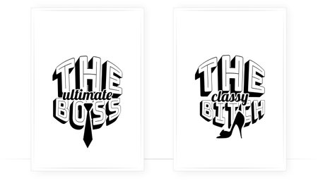 The man boss, the woman boss, vector. Two pieces poster design. Wording design isolated on white background, lettering. Man's tie and woman shoe illustration. Wall art, artworkのイラスト素材