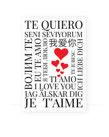 I love you, sentence written in different languages, vector. Minimalist poster design on white background. Wording design, lettering. Te quero, te amo. Wall art, artwork. Letter V.のイラスト素材