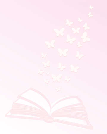 Open book illustration with flying butterflies silhouettes, vector. Poster design with pink background. Graphic design, wall art, wall artwork. Synonym Education gives you wings.のイラスト素材
