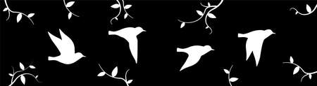 Birds flying in harmony, vector. White birds silhouettes isolated on black background. Flying birds in nature, illustration. Wall art, artwork. Black and white poster designのイラスト素材