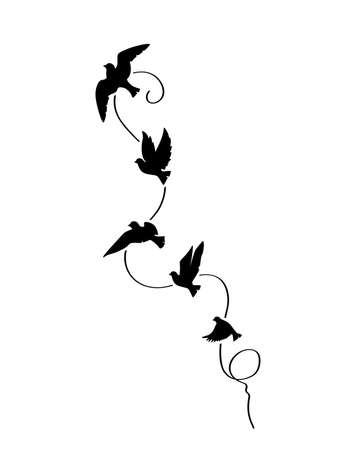 Flying birds in harmony, illustration. Flying birds silhouettes isolated on white background, vector. Wall art, artworkのイラスト素材