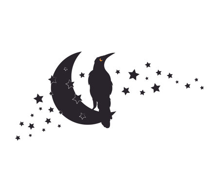 Bird silhouette on moon with stars illustration, vector. Bird raven silhouette isolated on white background. Wall decals, wall art, artworkのイラスト素材