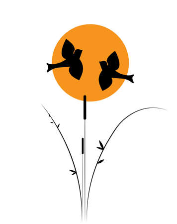 Two flying birds silhouettes and bamboo tree on sunset illustration, vector. Wall decals isolated on white background. Wall art, artwork. Minimalist poster designのイラスト素材