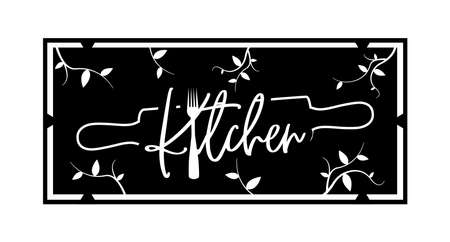 Home banner blackboard, vector. Wording design isolated on black background, lettering. Kitchen with a fork and rolling pin illustration. Poster design. Wall art, artwork, metal cutのイラスト素材