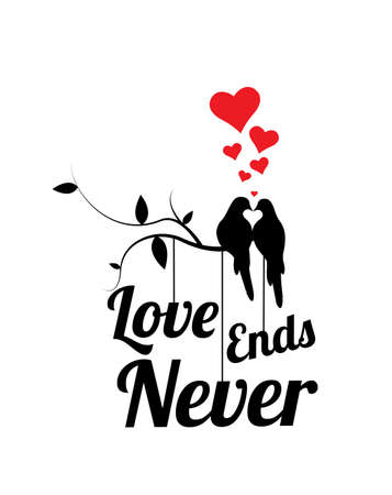 Love never ends, vector. Wall decals isolated on white background, home decoration. Wall art, artwork. Birds couple in love on branch, illustration. Wording design, letteringのイラスト素材