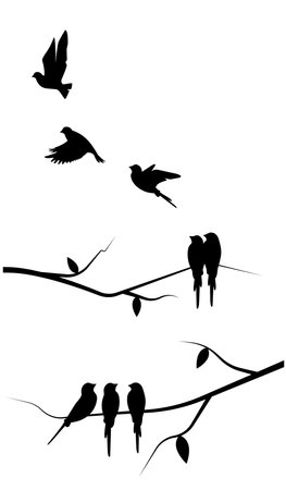 Flying bird silhouette and birds on a tree illustration, vector. Scandinavian minimalist poster design. Modern wall art design, artwork. Beautiful painting design. Home decorationのイラスト素材