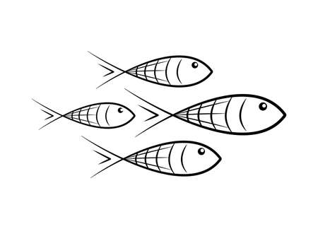 Fishes silhouettes drawing illustration isolated on white background. Minimalist art design, vector. Black and white artwork.のイラスト素材
