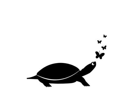 Turtle silhouette and butterflies illustration, vector. Turtle cartoon illustration isolated on white background. Childish minimalist art design. Wall decals, wall art, artwork.のイラスト素材