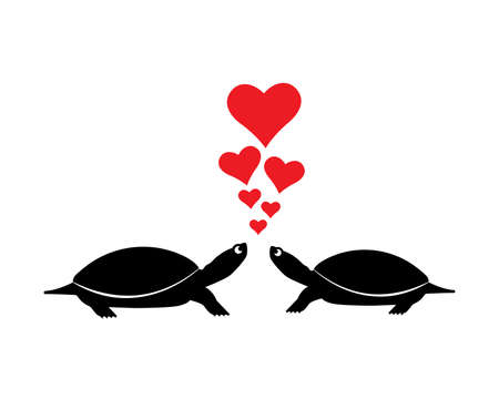 Turtles silhouettes and red hearts illustration, vector. Turtle cartoon illustration isolated on white background. Romantic minimalist art design. Wall decals, wall art, artwork.のイラスト素材