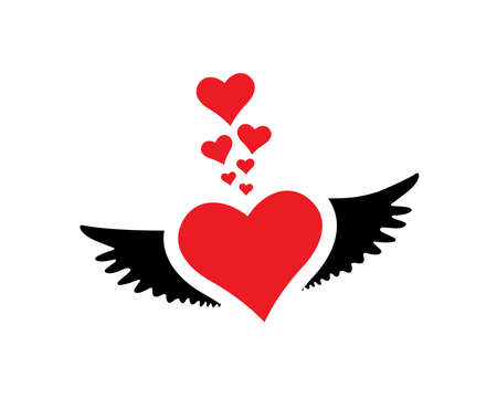 Flying heart with wings illustration. Red heart illustration with wings isolated on white background, vector.のイラスト素材