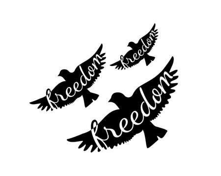 Flying birds silhouettes, synonym of freedom, vector. Flying birds silhouettes illustration isolated on white background. Wording design, lettering. Wall decals, wall art, artwork.のイラスト素材