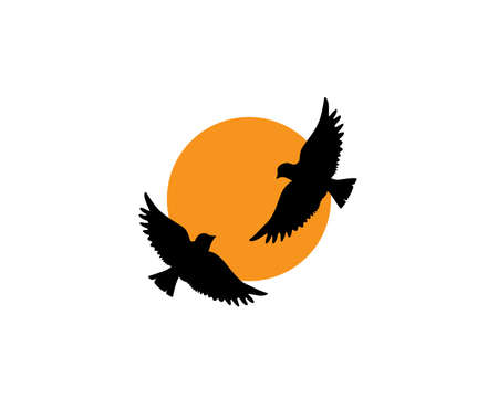 Flying birds silhouettes on sunset, vector. Birds illustration isolated on white background. Wall art, artwork, poster design. Freedom concept. Scandinavian minimalism art design.のイラスト素材