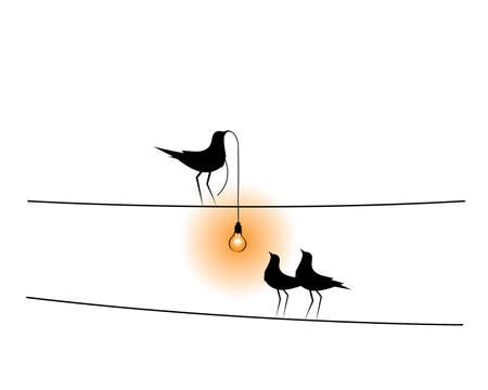 Birds on wire cartoon illustration and light bulb, vector. Funny childish wall decals isolated on white background. Bird silhouette holding lightbulbのイラスト素材