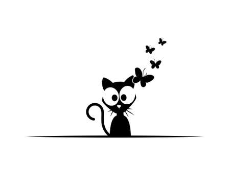 Funny cat silhouette cartoon illustration and butterflies, vector. Cute childish wall decals isolated on white background. Cartoon character art design. Wall art, artworkのイラスト素材