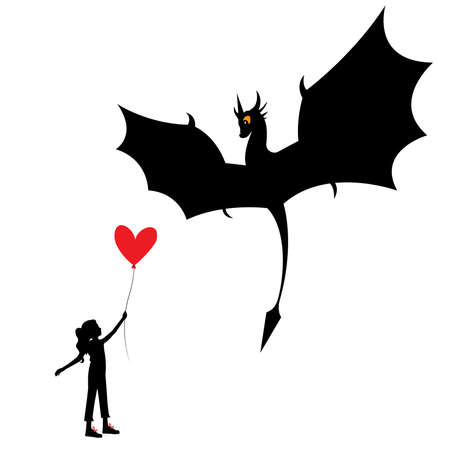 Flying dragon silhouette and girl with red balloon isolated on white background, vector. Flying dragon illustration. Cartoon character. Childish art design. Wall decals, artworkのイラスト素材