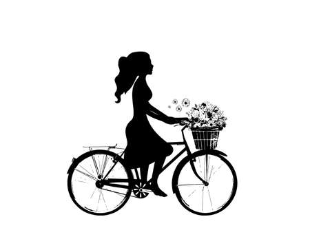 Girl silhouette riding a bike with basket of flowers isolated on white background, vector. Black and white wall decals design. Wall art, artworkのイラスト素材