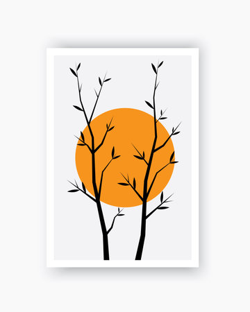 Trees illustration on sunset, vector. Scandinavian minimalist poster design. Modern wall art design, artwork. Beautiful painting design. Home decorationのイラスト素材