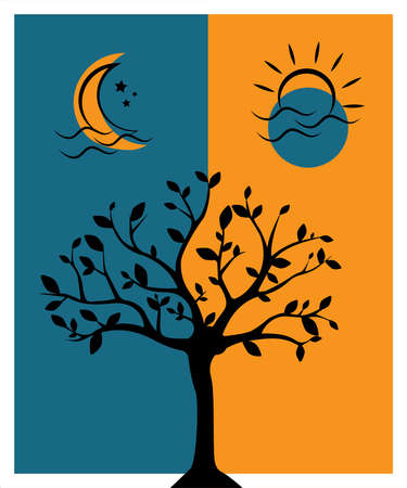 Tree illustration at night and day, vector. Tree silhouette one half on daylight and other half at night. Artistic poster design.のイラスト素材
