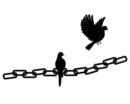 Flying bird silhouette and bird on chain isolated on white background, vector. Birds illustration, cartoon art design. Black and white artwork illustrationのイラスト素材