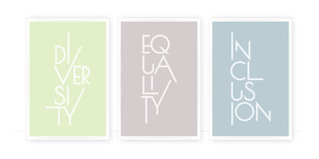 Diversity Equality Inclusion, vector. Typographical poster design in three pieces. Wording wall art, artworkのイラスト素材