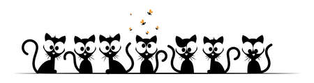 Cats cartoon illustrations isolated on white background. Funny cats silhouettes on wire. Childish wall decals. Wall art designのイラスト素材