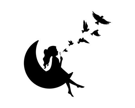 Girl on a moon blowing bubbles and flying birds, vector. Girl silhouette on a moon. Wall decals isolated on white background, art design, artwork. Black and white art designのイラスト素材